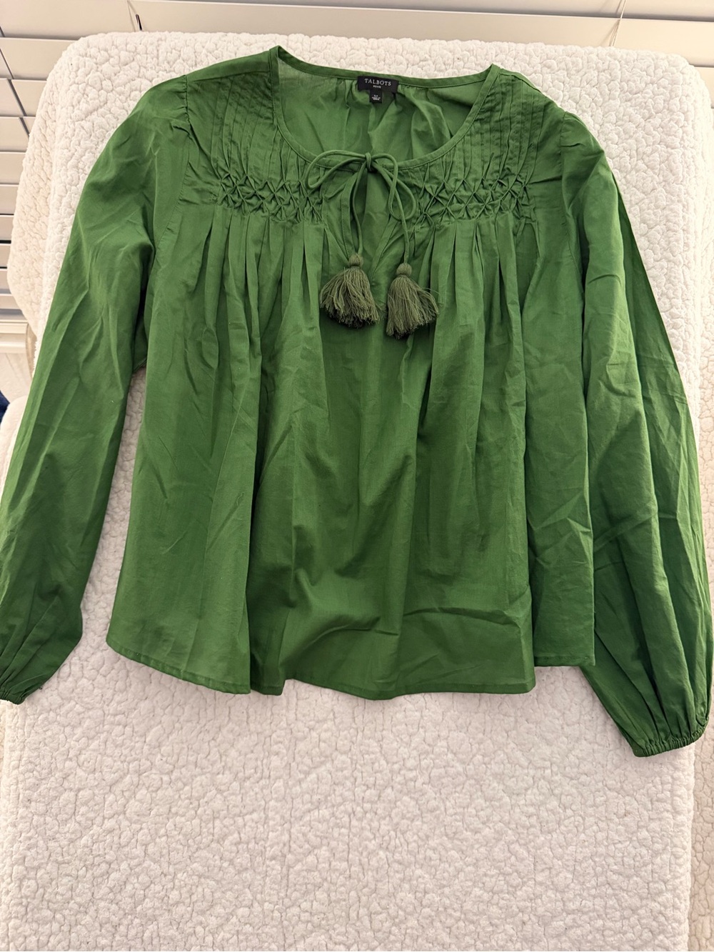 Talbots Olive Green Smocked Tassel Peasant Top - Picture 2 of 4